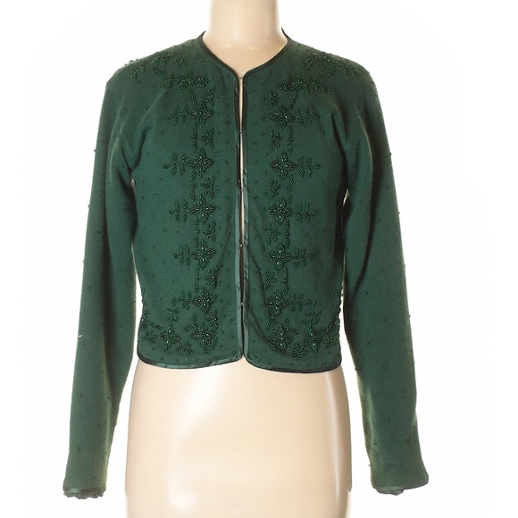 Vintage cardigan with green beads size M, lambwool - Picture 1 of 8